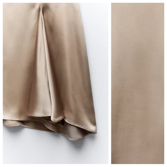 NWT. Zara Beige-Pink Satin A-Line Silhouette High Waist Midi Skirt Size M. - Picture 7 of 12